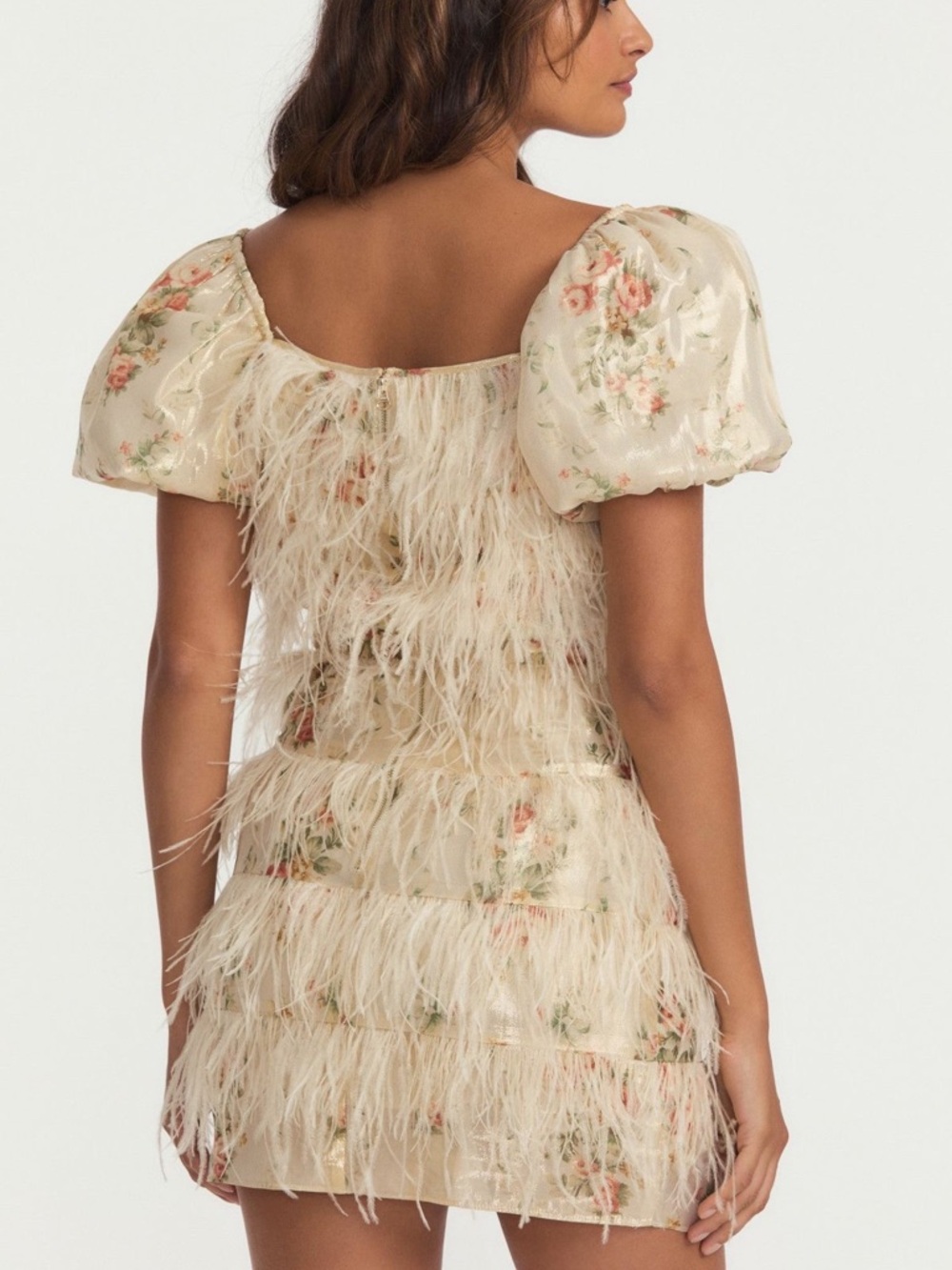 LoveShackFancy Beryl Feather Mini Dress in Golden Fog Size 0 - Picture 2 of 15